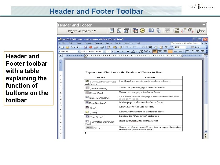 Header and Footer Toolbar Header and Footer toolbar with a table explaining the function