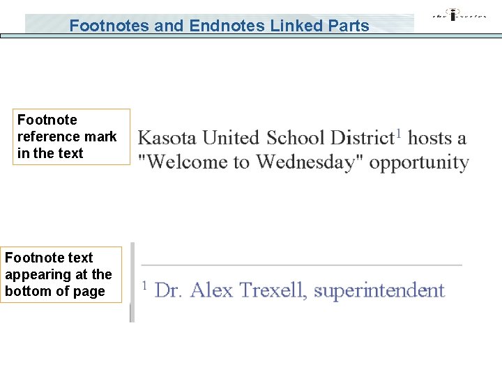 Footnotes and Endnotes Linked Parts Footnote reference mark in the text Footnote text appearing