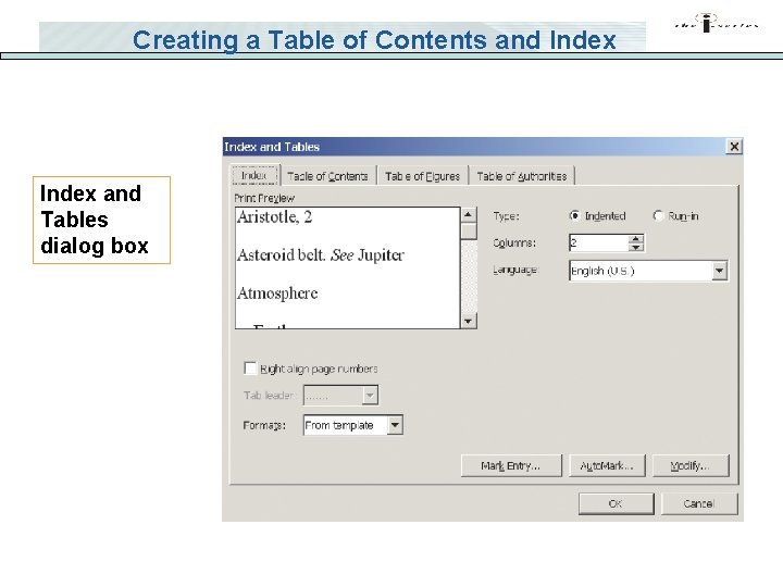Creating a Table of Contents and Index and Tables dialog box 