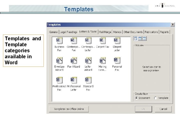 Templates and Template categories available in Word 