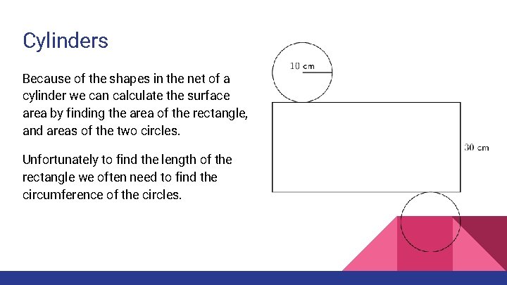 Cylinders Because of the shapes in the net of a cylinder we can calculate