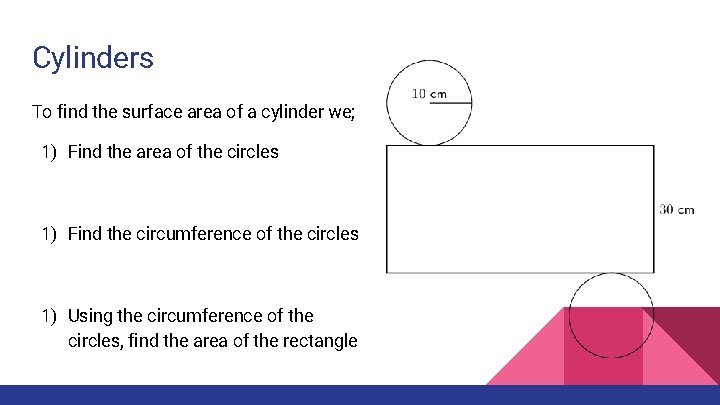 Cylinders To find the surface area of a cylinder we; 1) Find the area