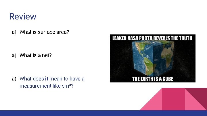 Review a) What is surface area? a) What is a net? a) What does