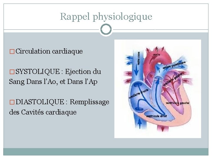 Rappel physiologique � Circulation cardiaque � SYSTOLIQUE : Ejection du Sang Dans l’Ao, et