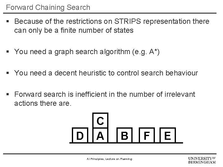 Forward Chaining Search § Because of the restrictions on STRIPS representation there can only