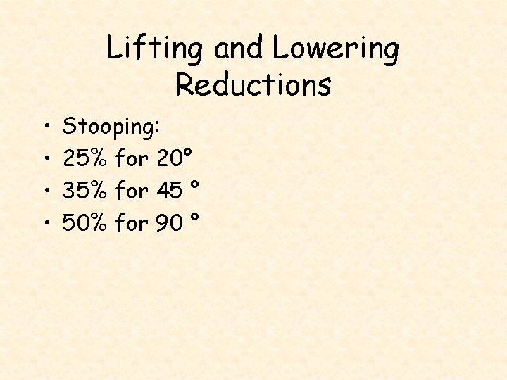 Lifting and Lowering Reductions • • Stooping: 25% for 20° 35% for 45 °