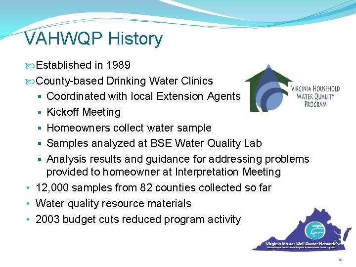 VAHWQP History Established in 1989 County-based Drinking Water Clinics § Coordinated with local Extension