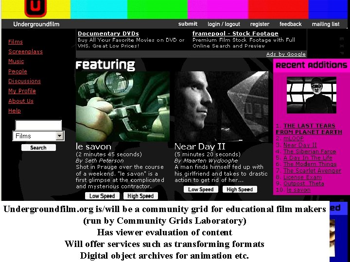 Undergroundfilm. org is/will be a community grid for educational film makers (run by Community