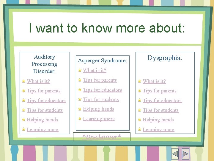 I want to know more about: Auditory Processing Disorder: Asperger Syndrome: Dysgraphia: What is