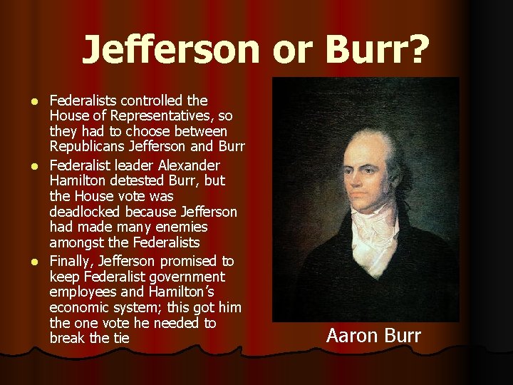 Jefferson or Burr? Federalists controlled the House of Representatives, so they had to choose