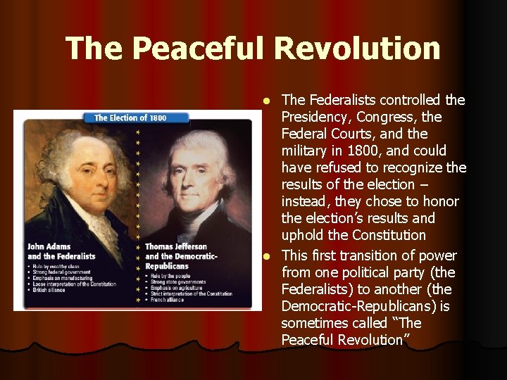 The Peaceful Revolution The Federalists controlled the Presidency, Congress, the Federal Courts, and the