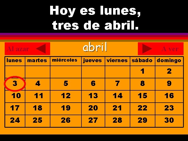 Hoy es lunes, ¿Cuál es la fecha hoy? tres de abril. . Al azar