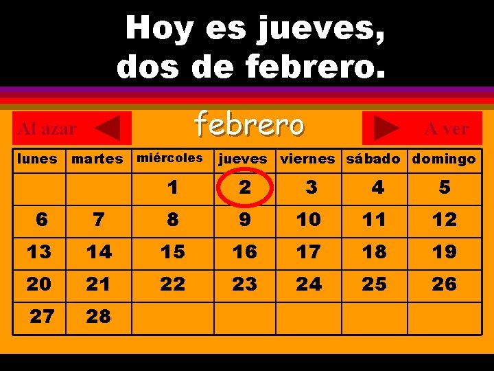 Hoy es jueves, ¿Cuál es la fecha hoy? dos de febrero. . febrero Al