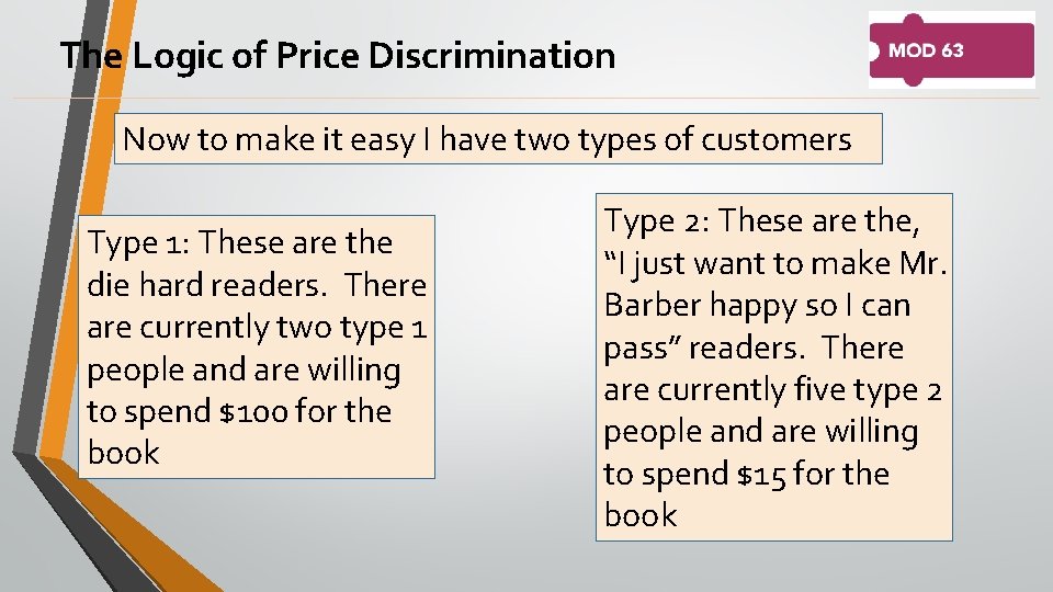 The Logic of Price Discrimination Now to make it easy I have two types