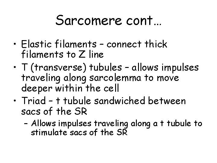 Sarcomere cont… • Elastic filaments – connect thick filaments to Z line • T