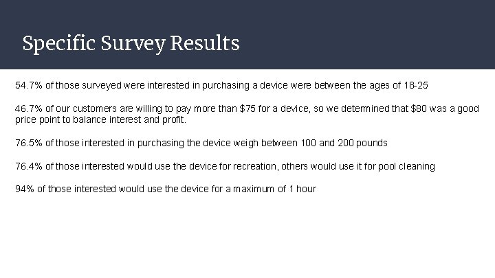 Specific Survey Results 54. 7% of those surveyed were interested in purchasing a device