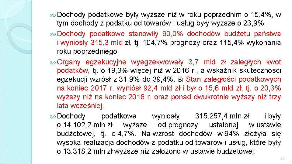  Dochody podatkowe były wyższe niż w roku poprzednim o 15, 4%, w tym