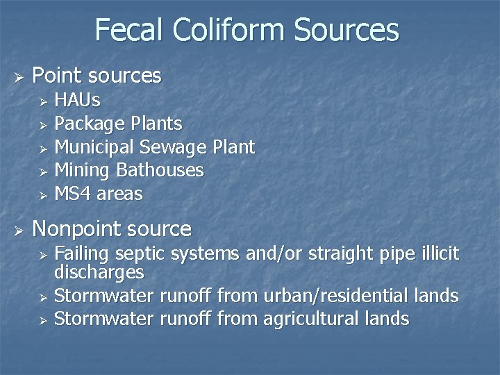 Fecal Coliform Sources Ø Point sources HAUs Ø Package Plants Ø Municipal Sewage Plant