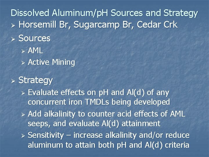 Dissolved Aluminum/p. H Sources and Strategy Ø Horsemill Br, Sugarcamp Br, Cedar Crk Ø