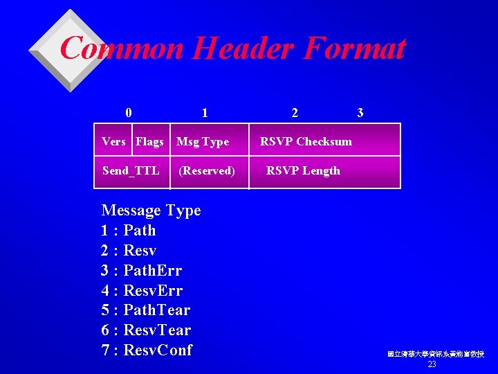 Common Header Format 0 1 Vers Flags Msg Type Send_TTL (Reserved) Message Type 1