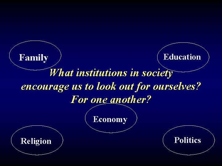 Family Education What institutions in society encourage us to look out for ourselves? For