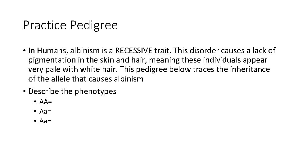 Practice Pedigree • In Humans, albinism is a RECESSIVE trait. This disorder causes a Practice Pedigree • In Humans, albinism is a RECESSIVE trait. This disorder causes a