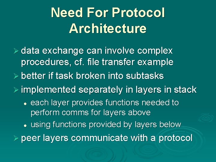 Need For Protocol Architecture Ø data exchange can involve complex procedures, cf. file transfer