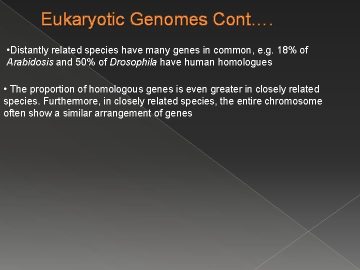 Eukaryotic Genomes Cont…. • Distantly related species have many genes in common, e. g. Eukaryotic Genomes Cont…. • Distantly related species have many genes in common, e. g.