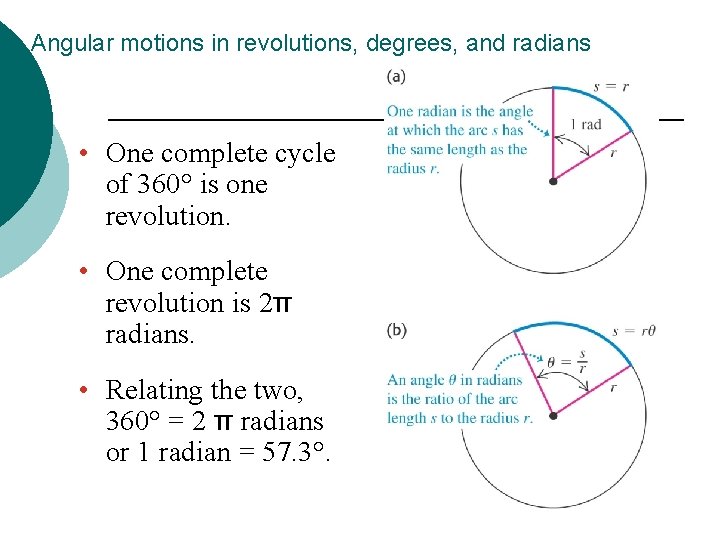 Angular motions in revolutions, degrees, and radians • One complete cycle of 360° is