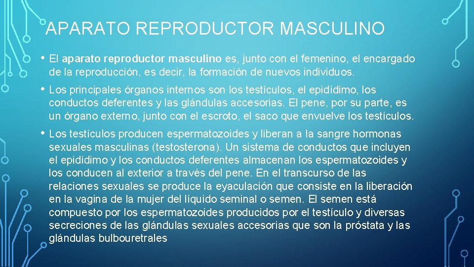 APARATO REPRODUCTOR MASCULINO • El aparato reproductor masculino es, junto con el femenino, el