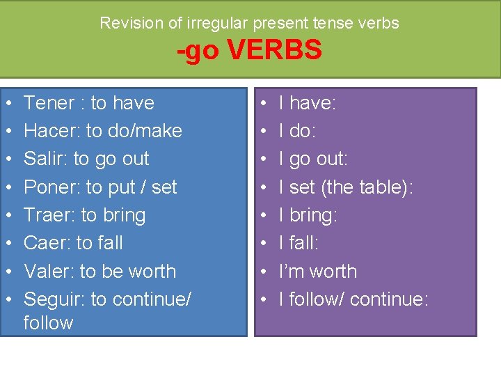 Revision of irregular present tense verbs -go VERBS • • Tener : to have