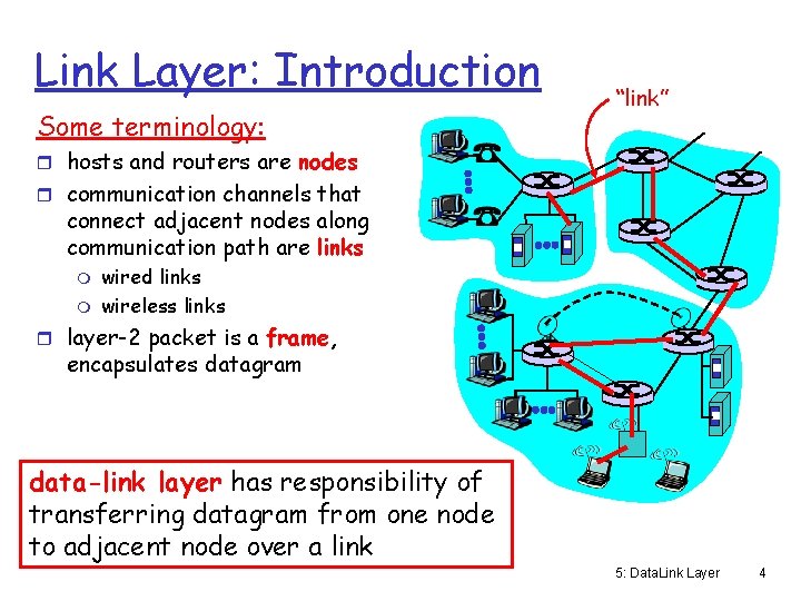 Link Layer: Introduction Some terminology: “link” r hosts and routers are nodes r communication