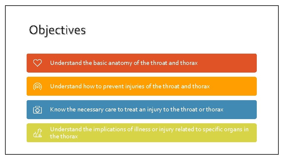 Objectives Understand the basic anatomy of the throat and thorax Understand how to prevent