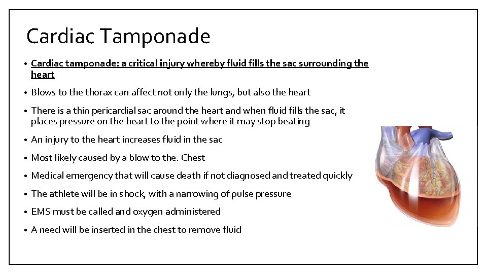 Cardiac Tamponade • Cardiac tamponade: a critical injury whereby fluid fills the sac surrounding