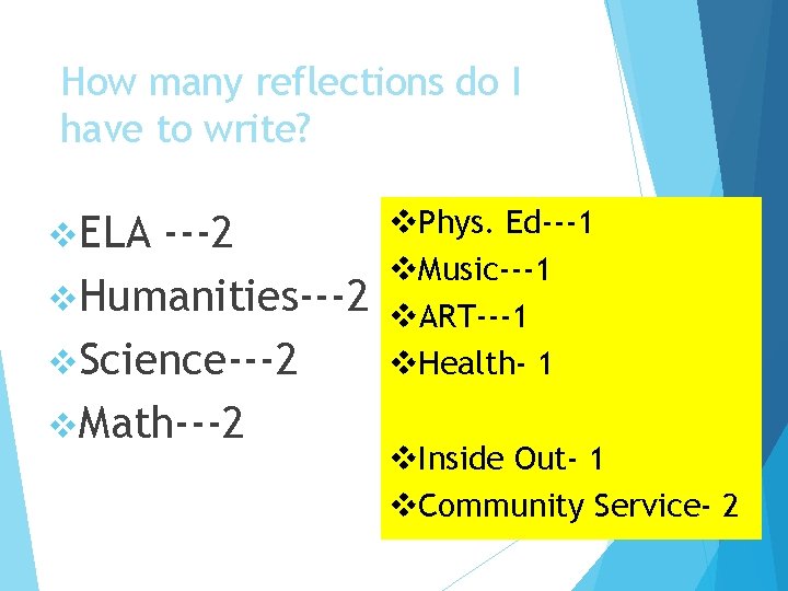 How many reflections do I have to write? v. ELA ---2 v. Humanities---2 v.