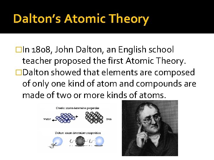 Dalton’s Atomic Theory �In 1808, John Dalton, an English school teacher proposed the first