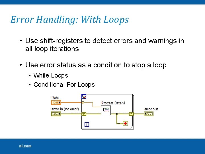 Error Handling: With Loops • Use shift-registers to detect errors and warnings in all