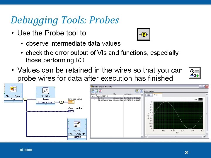 Debugging Tools: Probes • Use the Probe tool to • observe intermediate data values