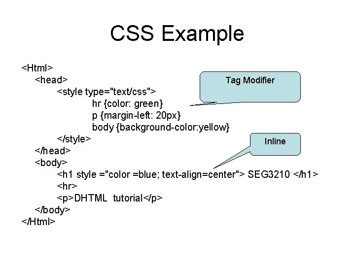 CSS Example <Html> <head> Tag Modifier <style type="text/css"> hr {color: green} p {margin-left: 20