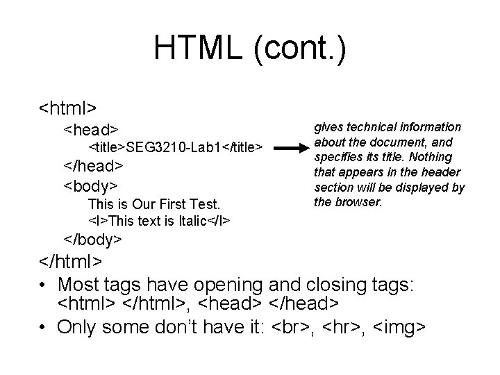 HTML (cont. ) <html> <head> <title>SEG 3210 -Lab 1</title> </head> <body> This is Our