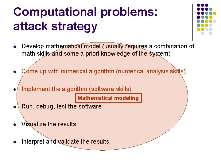 Computational problems: attack strategy l Develop mathematical model (usually requires a combination of math