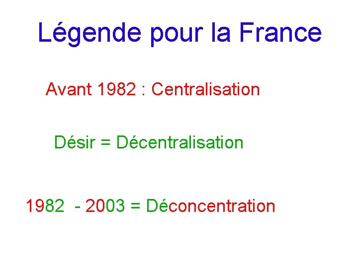 Légende pour la France Avant 1982 : Centralisation Désir = Décentralisation 1982 - 2003