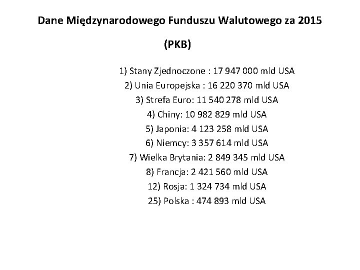 Dane Międzynarodowego Funduszu Walutowego za 2015 (PKB) 1) Stany Zjednoczone : 17 947 000