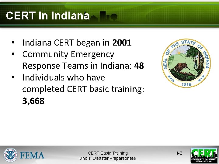 CERT in Indiana • Indiana CERT began in 2001 • Community Emergency Response Teams