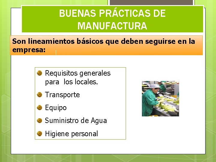 BUENAS PRÁCTICAS DE MANUFACTURA Son lineamientos básicos que deben seguirse en la empresa: Requisitos