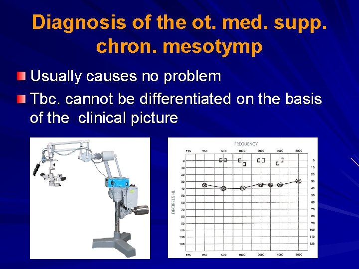 Diagnosis of the ot. med. supp. chron. mesotymp Usually causes no problem Tbc. cannot