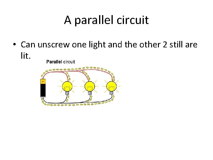 A parallel circuit • Can unscrew one light and the other 2 still are