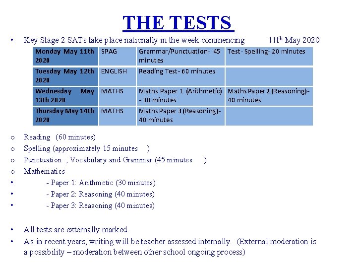 THE TESTS • Key Stage 2 SATs take place nationally in the week commencing