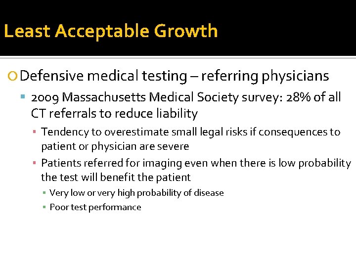 Least Acceptable Growth Defensive medical testing – referring physicians 2009 Massachusetts Medical Society survey: