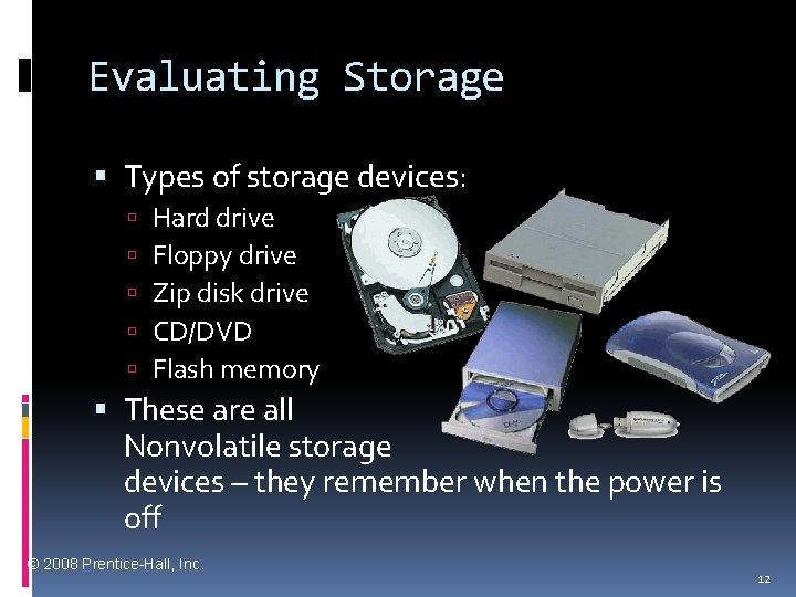 Evaluating Storage Types of storage devices: Hard drive Floppy drive Zip disk drive CD/DVD